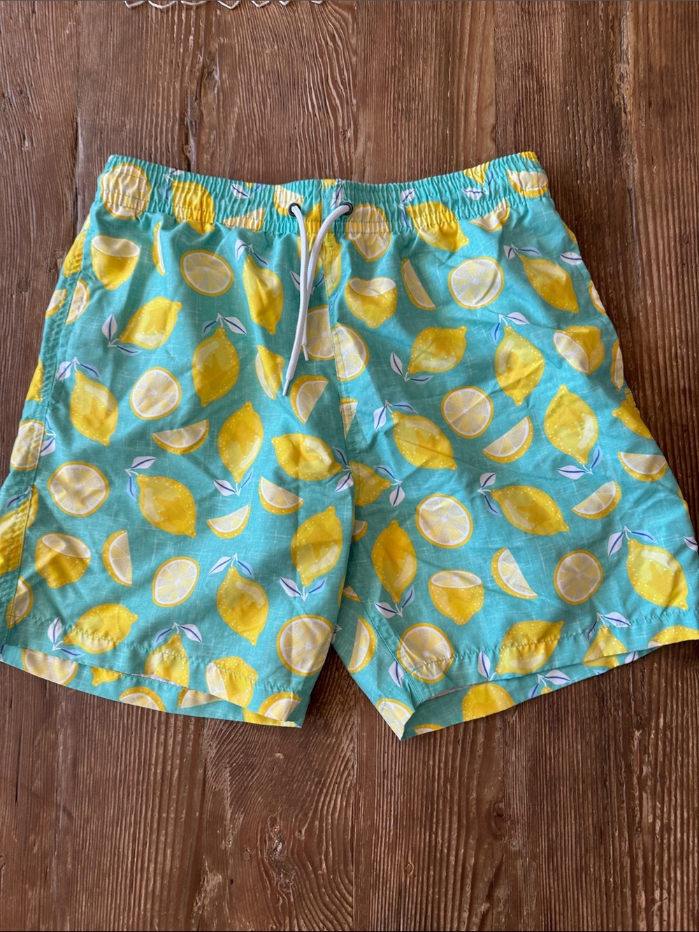 Turquoise Lemon-Print Men's Swim Trunks